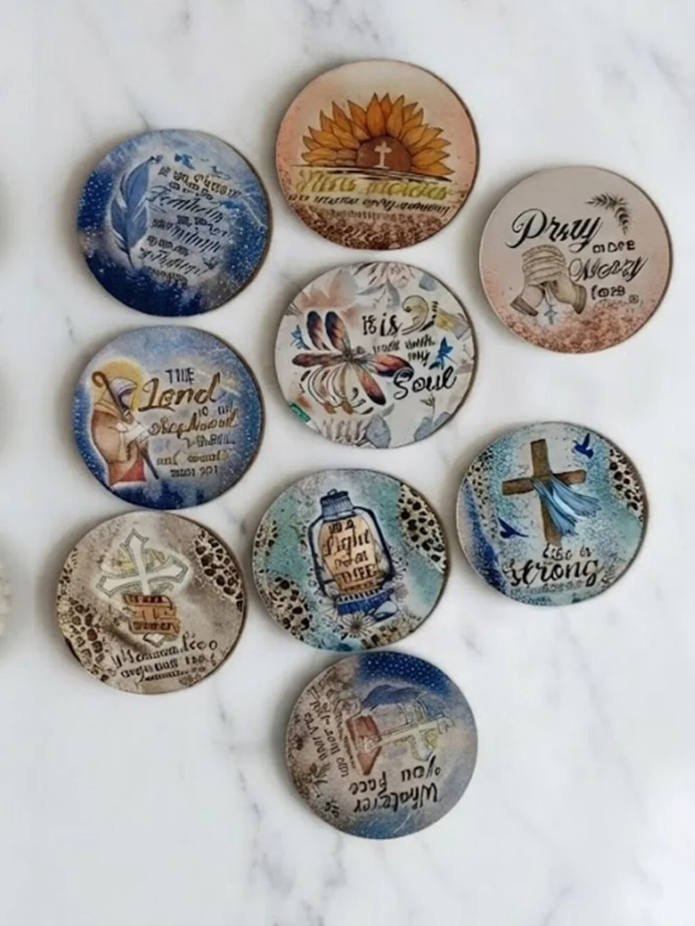 Inspirational Round Decorative Coasters - Blue, Teal, Cream, Brown
